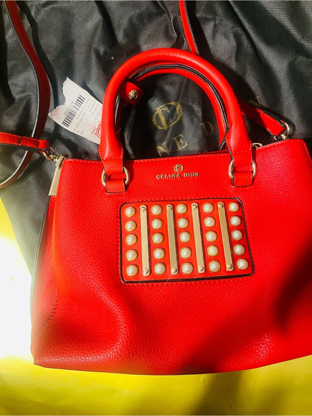 CÉLINE DION Red Pearl-Embellished Leather Satchel